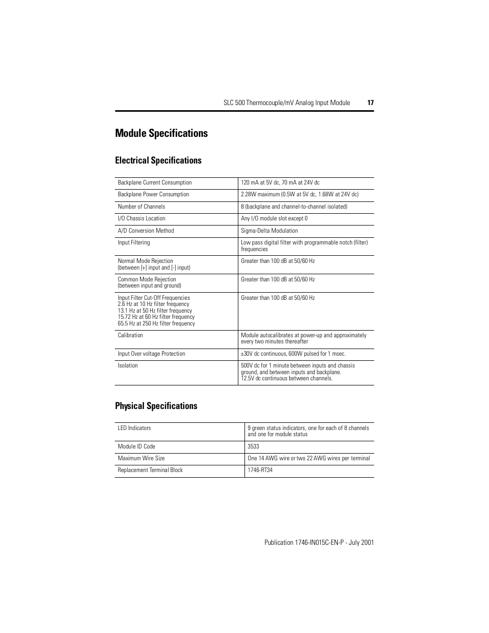 Module specifications, Electrical specifications physical specifications | Rockwell Automation 1746-NT8 SLC 500 Thermocouple/mV Analog Input Module/ Instructions User Manual | Page 17 / 20
