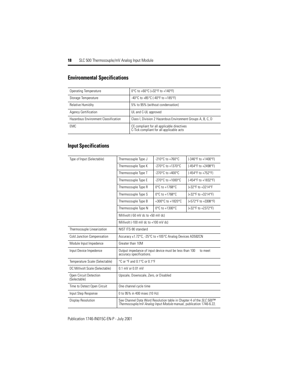 Environmental specifications input specifications | Rockwell Automation 1746-NT8 SLC 500 Thermocouple/mV Analog Input Module/ Instructions User Manual | Page 18 / 20