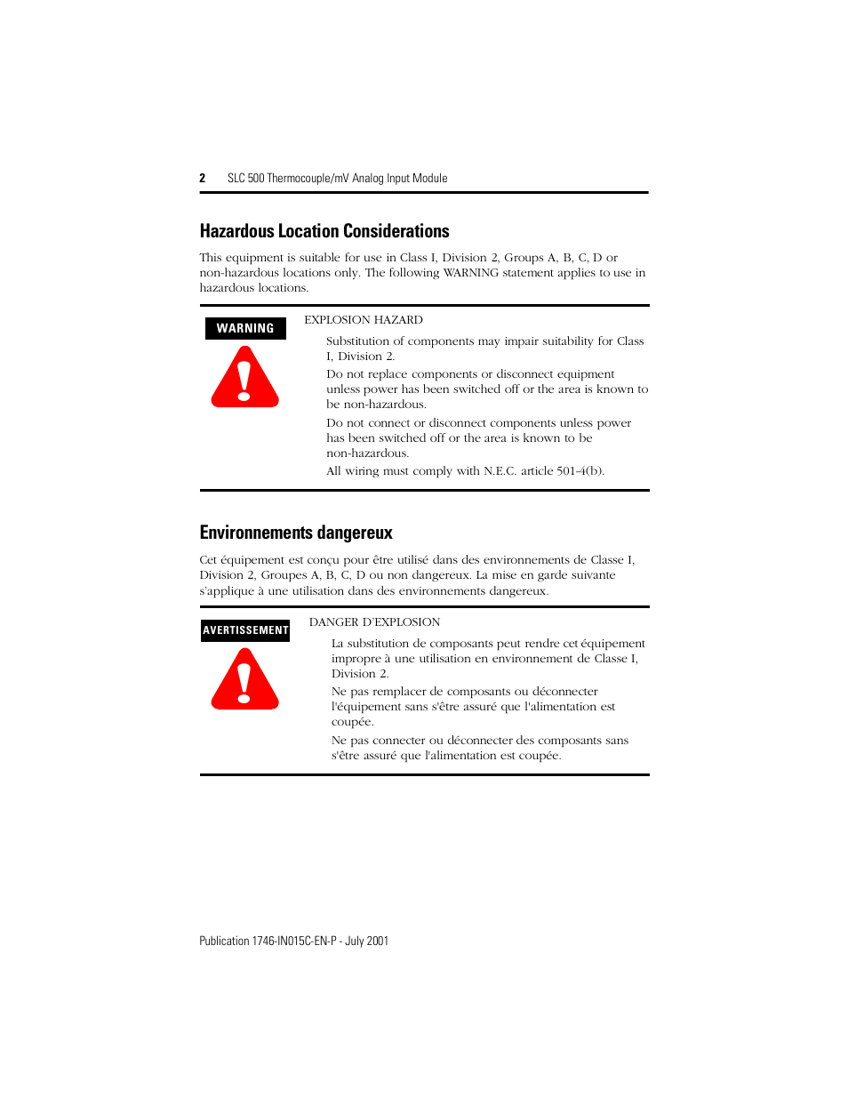 Hazardous location considerations, Environnements dangereux | Rockwell Automation 1746-NT8 SLC 500 Thermocouple/mV Analog Input Module/ Instructions User Manual | Page 2 / 20