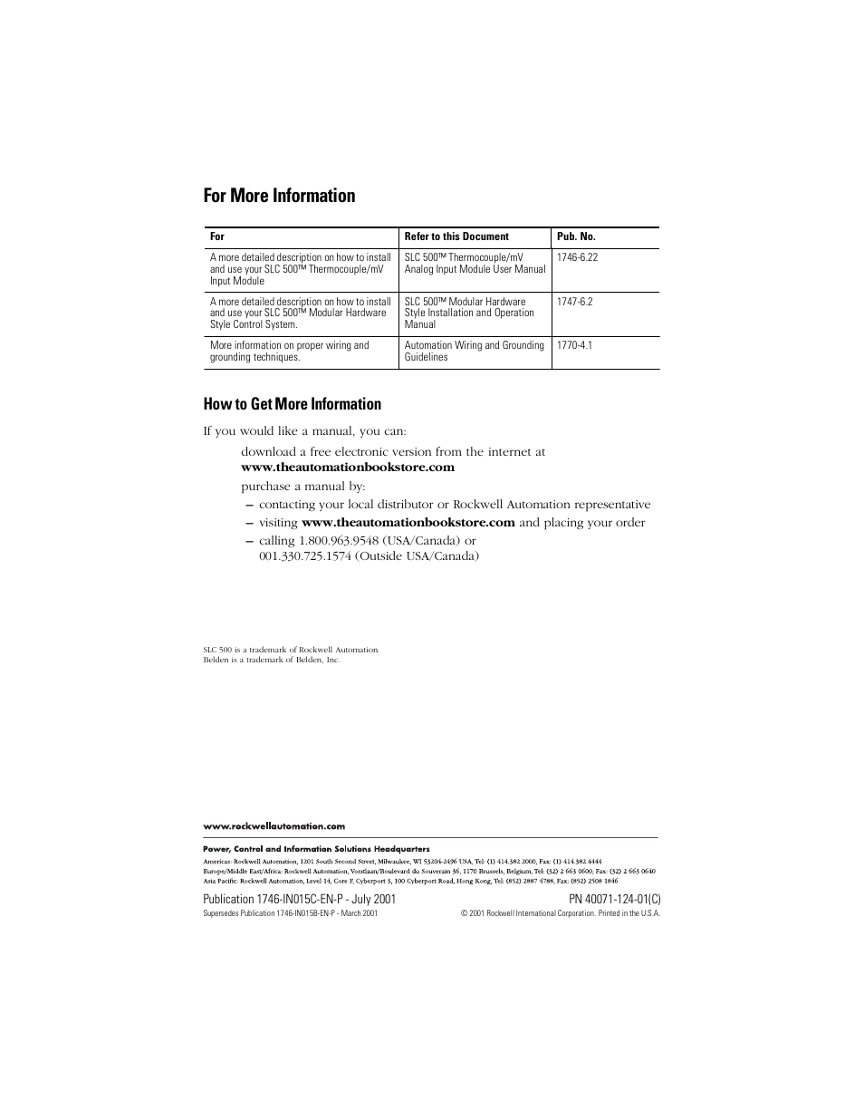 For more information, Back cover, How to get more information | Rockwell Automation 1746-NT8 SLC 500 Thermocouple/mV Analog Input Module/ Instructions User Manual | Page 20 / 20