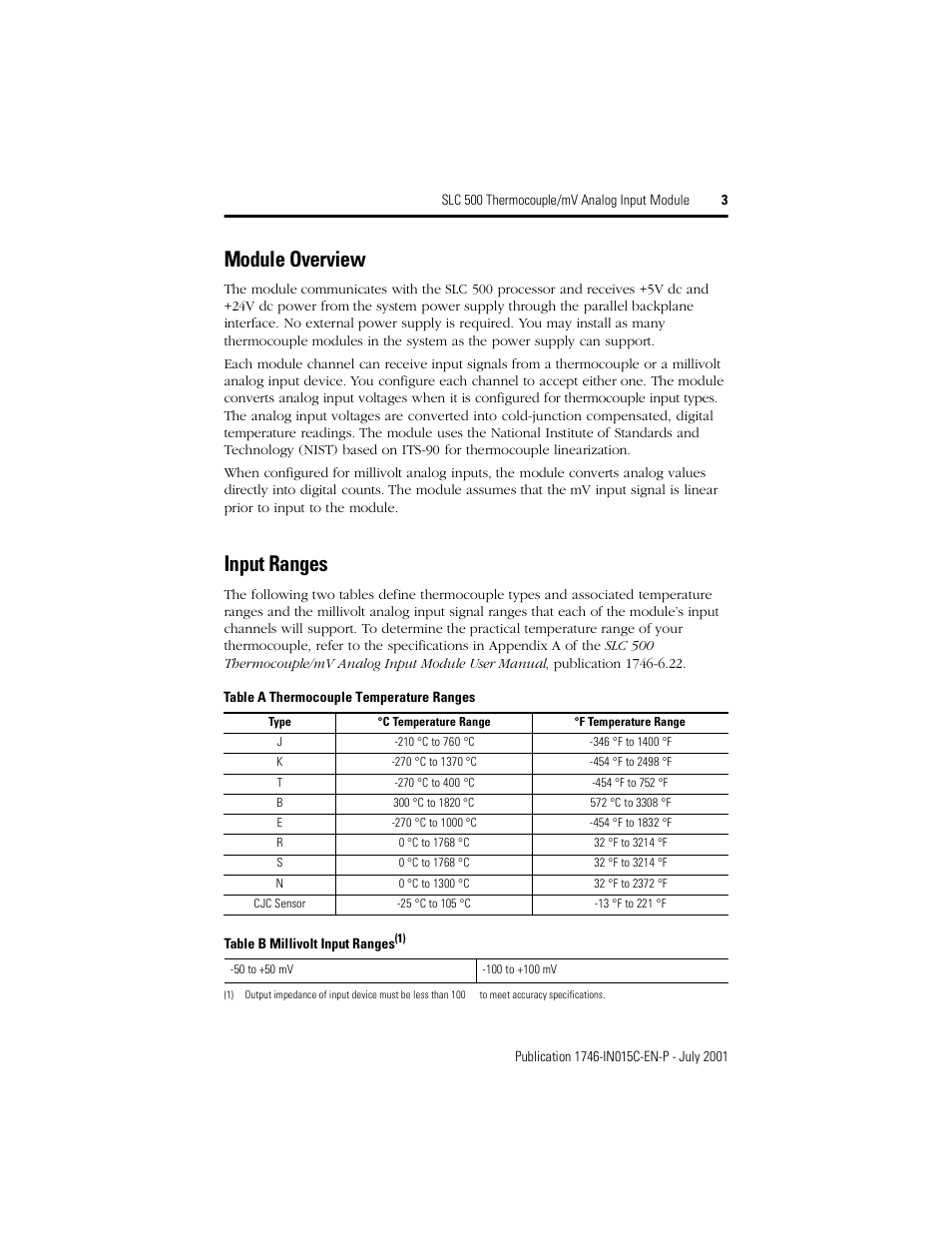 Module overview, Input ranges | Rockwell Automation 1746-NT8 SLC 500 Thermocouple/mV Analog Input Module/ Instructions User Manual | Page 3 / 20