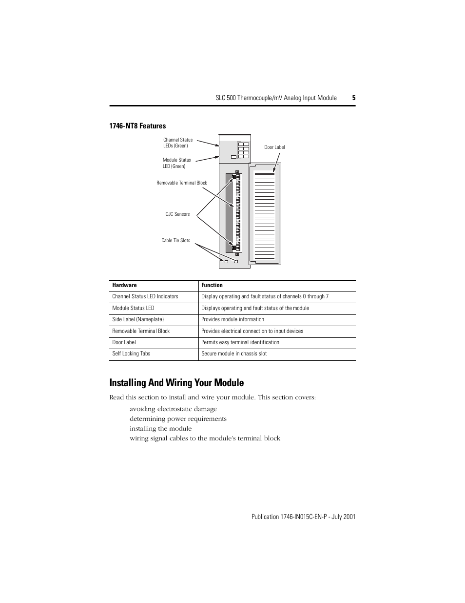 Installing and wiring your module, Avoiding electrostatic damage, Determining power requirements | Installing the module | Rockwell Automation 1746-NT8 SLC 500 Thermocouple/mV Analog Input Module/ Instructions User Manual | Page 5 / 20