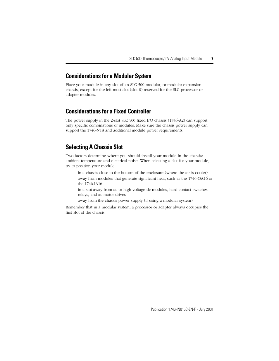 Considerations for a modular system, Considerations for a fixed controller, Selecting a chassis slot | Rockwell Automation 1746-NT8 SLC 500 Thermocouple/mV Analog Input Module/ Instructions User Manual | Page 7 / 20