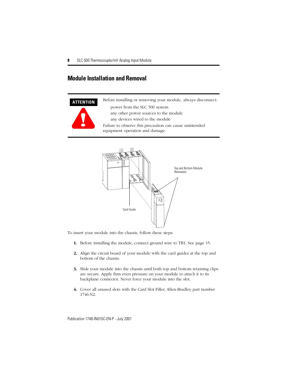 Module installation and removal | Rockwell Automation 1746-NT8 SLC 500 Thermocouple/mV Analog Input Module/ Instructions User Manual | Page 8 / 20