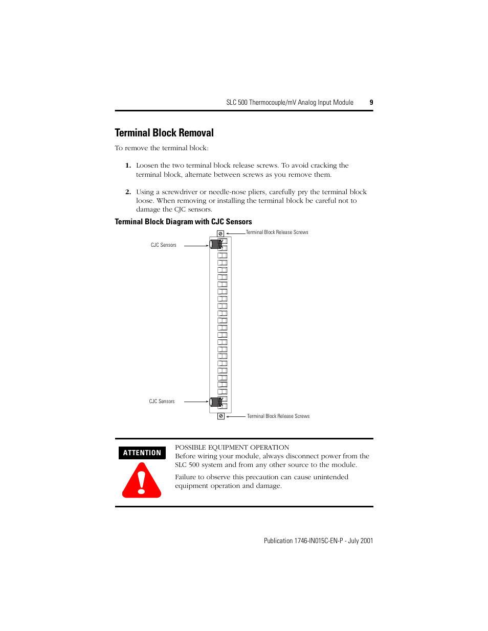 Terminal block removal | Rockwell Automation 1746-NT8 SLC 500 Thermocouple/mV Analog Input Module/ Instructions User Manual | Page 9 / 20