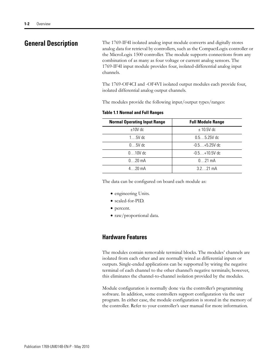 General description, Hardware features, General description -2 | Hardware features -2 | Rockwell Automation 1769-OF4VI Compact I/O Isolated Analog Modules User Manual | Page 10 / 128