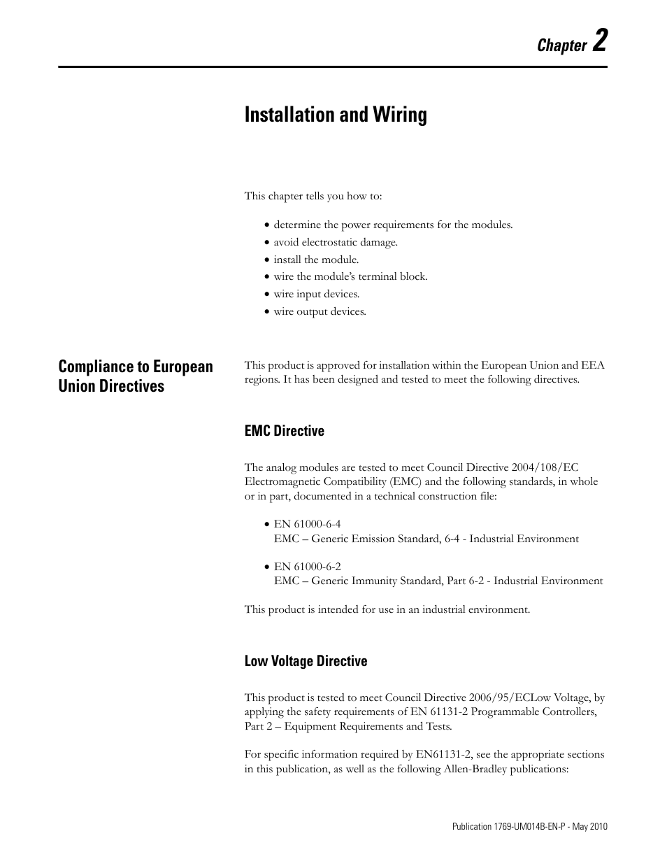 2 - installation and wiring, Compliance to european union directives, Emc directive | Low voltage directive, Chapter 2, Installation and wiring, Compliance to european union directives -1, Emc directive -1, Chapter | Rockwell Automation 1769-OF4VI Compact I/O Isolated Analog Modules User Manual | Page 17 / 128