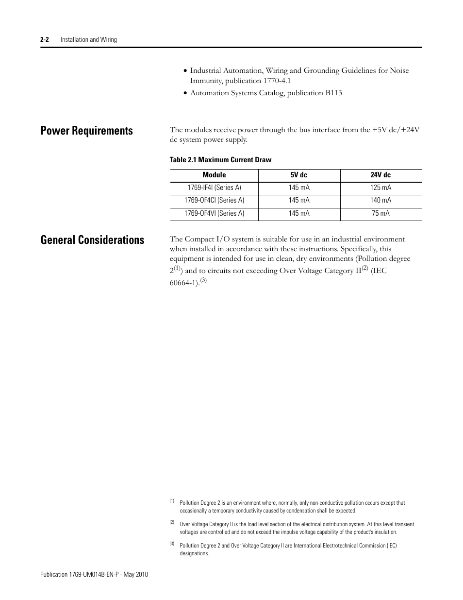 Power requirements, General considerations, Power requirements -2 general considerations -2 | Rockwell Automation 1769-OF4VI Compact I/O Isolated Analog Modules User Manual | Page 18 / 128