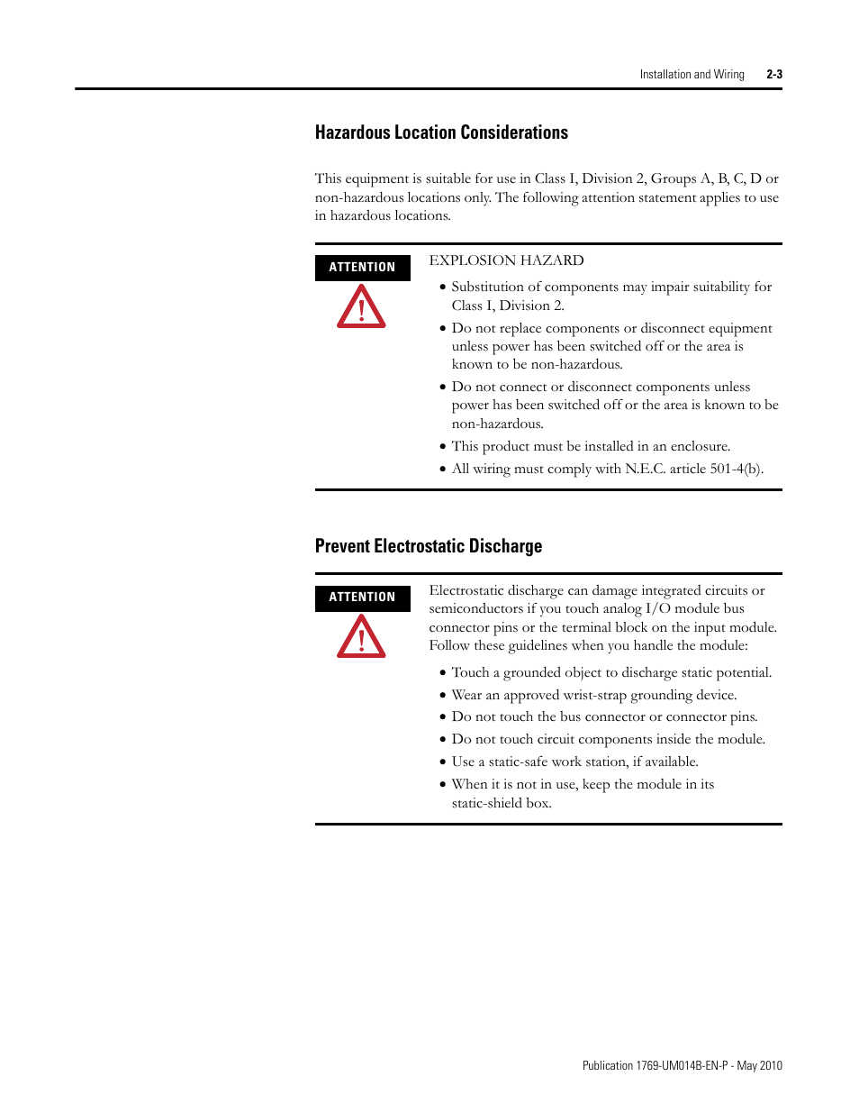 Hazardous location considerations, Prevent electrostatic discharge | Rockwell Automation 1769-OF4VI Compact I/O Isolated Analog Modules User Manual | Page 19 / 128