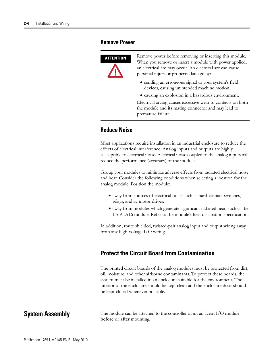 Remove power, Reduce noise, Protect the circuit board from contamination | System assembly, System assembly -5, Remove power reduce noise | Rockwell Automation 1769-OF4VI Compact I/O Isolated Analog Modules User Manual | Page 20 / 128