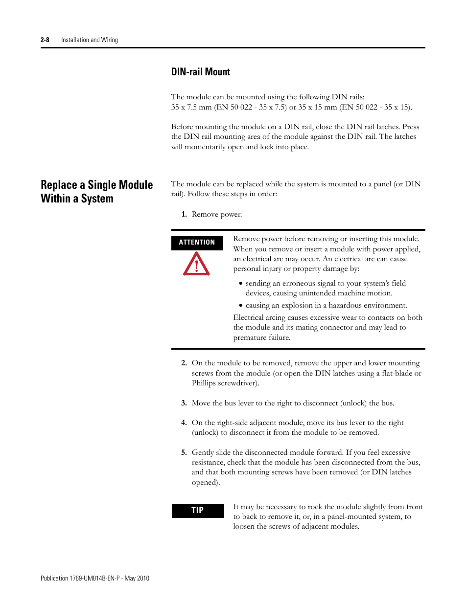 Din-rail mount, Replace a single module within a system, Din-rail mount -8 | Replace a single module within a system -8 | Rockwell Automation 1769-OF4VI Compact I/O Isolated Analog Modules User Manual | Page 24 / 128