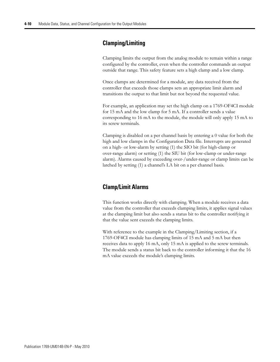 Clamping/limiting, Clamp/limit alarms, Clamping/limiting -10 clamp/limit alarms -10 | Rockwell Automation 1769-OF4VI Compact I/O Isolated Analog Modules User Manual | Page 62 / 128