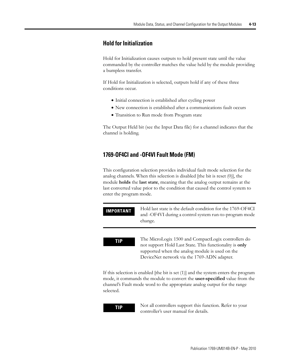 Hold for initialization, 1769-of4ci and -of4vi fault mode (fm) | Rockwell Automation 1769-OF4VI Compact I/O Isolated Analog Modules User Manual | Page 65 / 128