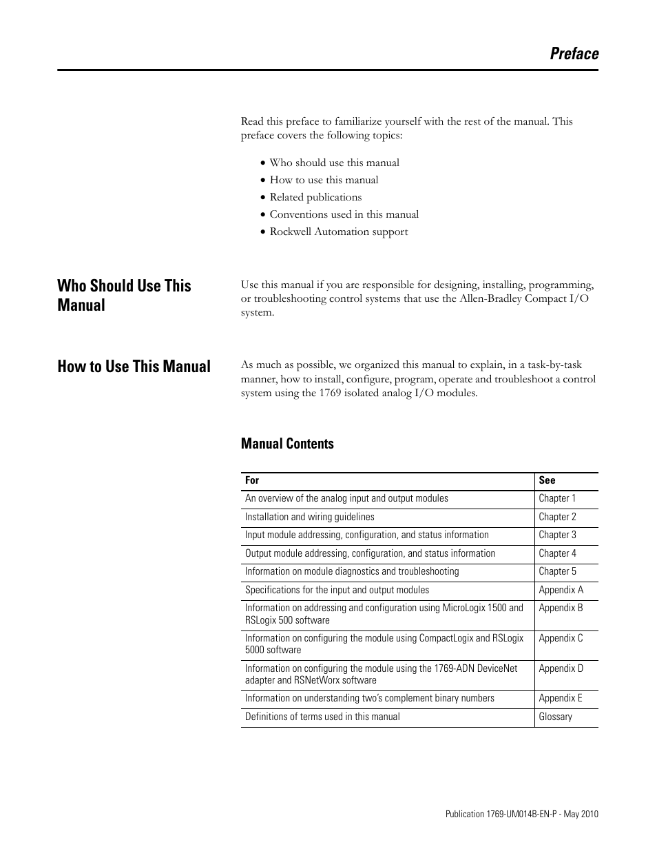 Who should use this manual, How to use this manual, Manual contents | Preface, Who should use thismanual | Rockwell Automation 1769-OF4VI Compact I/O Isolated Analog Modules User Manual | Page 7 / 128