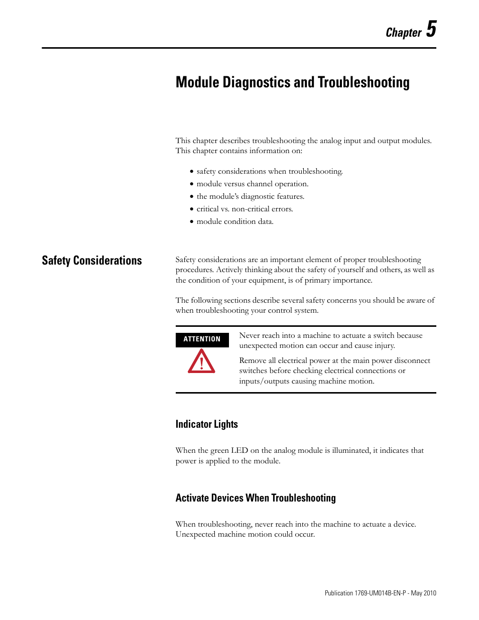 5 - module diagnostics and troubleshooting, Safety considerations, Indicator lights | Activate devices when troubleshooting, Chapter 5, Module diagnostics and troubleshooting, Safety considerations -1, Chapter | Rockwell Automation 1769-OF4VI Compact I/O Isolated Analog Modules User Manual | Page 73 / 128