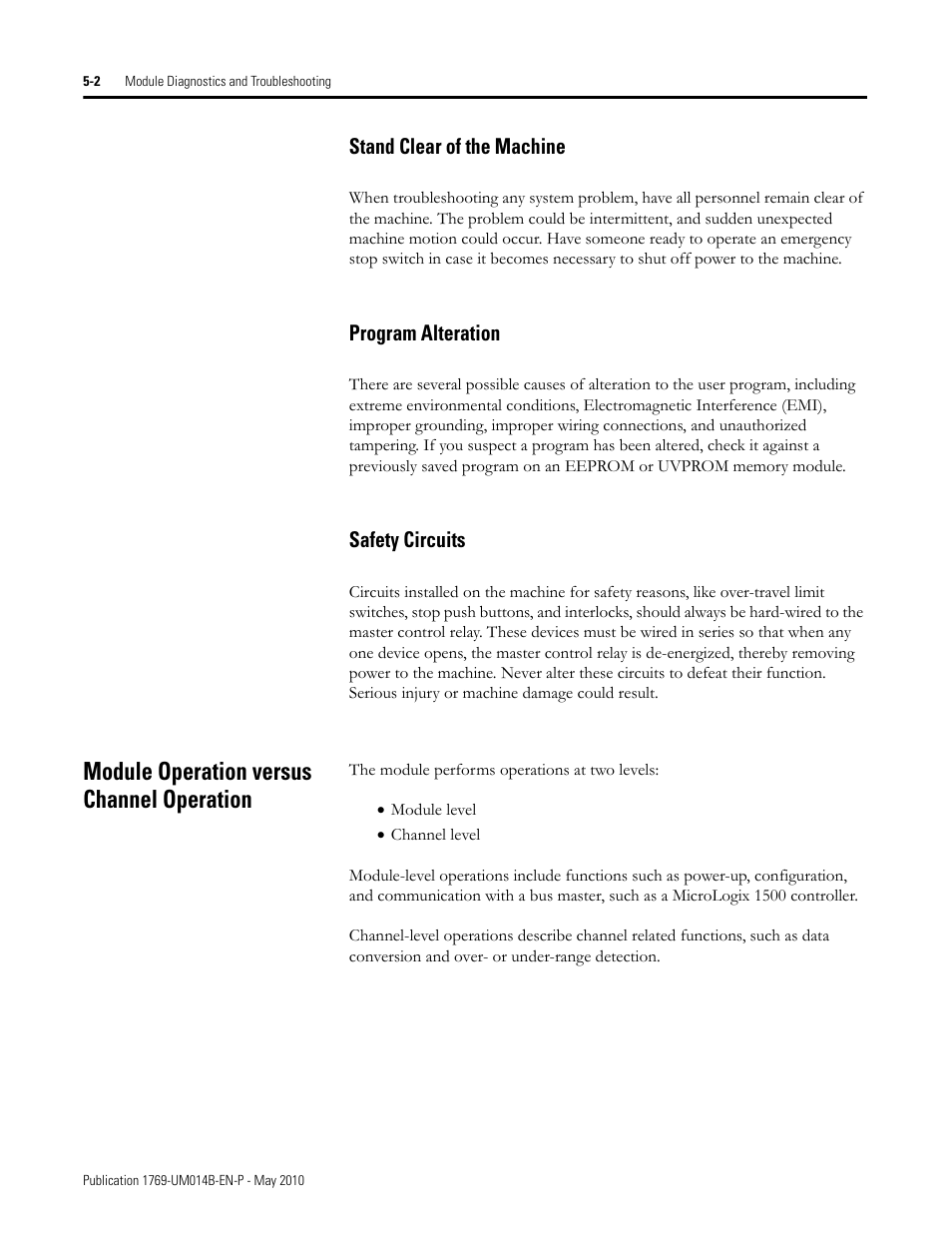 Stand clear of the machine, Program alteration, Safety circuits | Module operation versus channel operation, Module operation versus channel operation -2 | Rockwell Automation 1769-OF4VI Compact I/O Isolated Analog Modules User Manual | Page 74 / 128