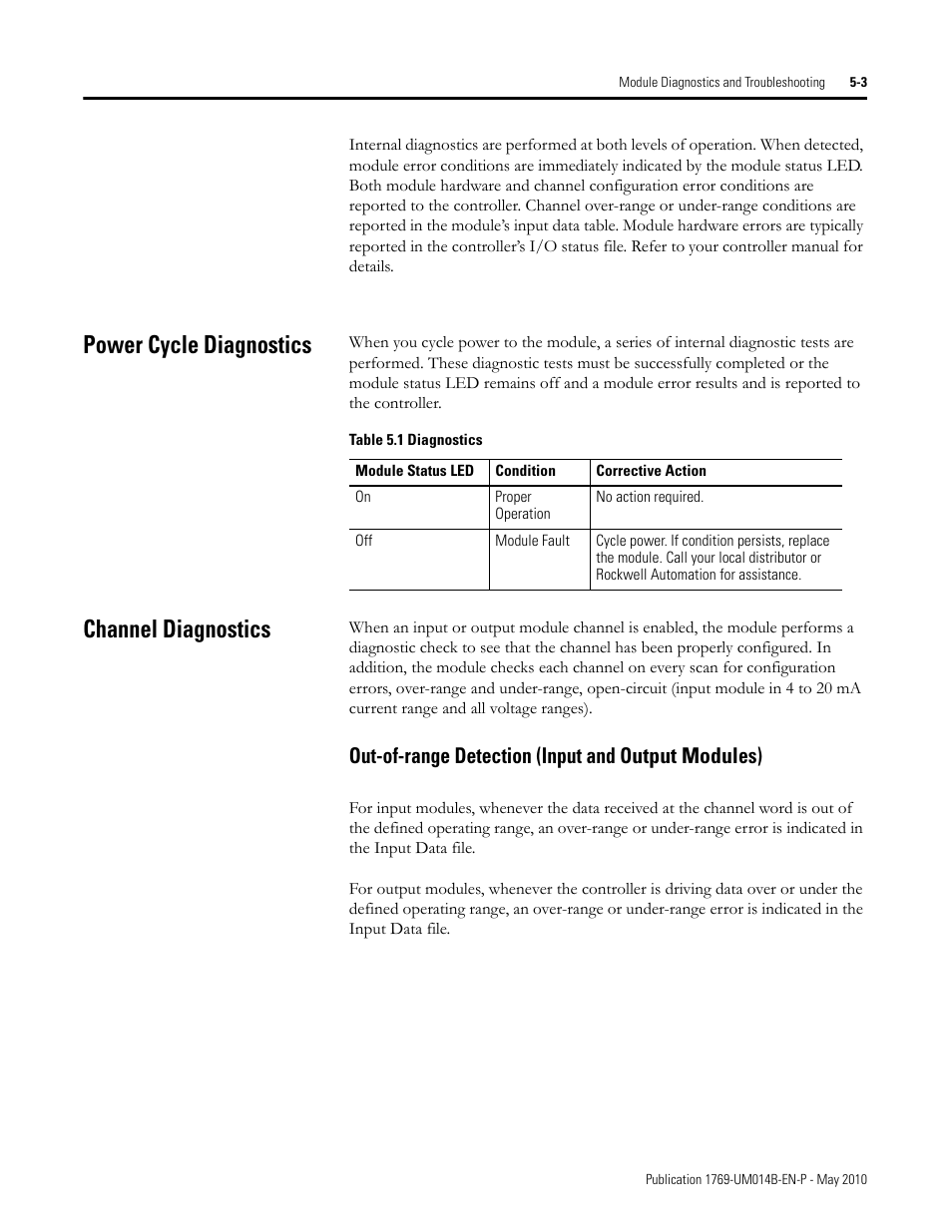 Power cycle diagnostics, Channel diagnostics, Out-of-range detection (input and output modules) | Power cycle diagnostics -3 channel diagnostics -3 | Rockwell Automation 1769-OF4VI Compact I/O Isolated Analog Modules User Manual | Page 75 / 128