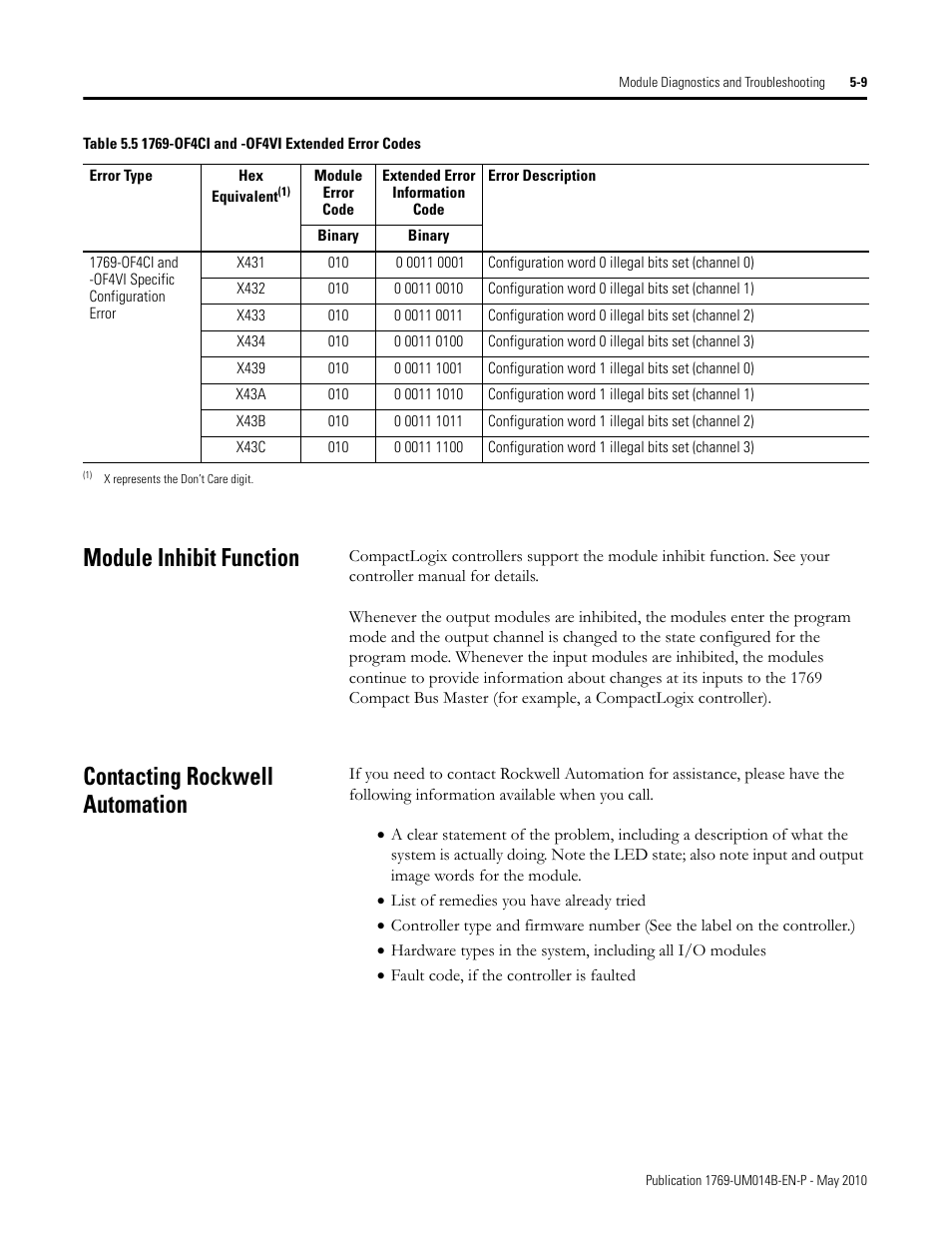 Module inhibit function, Contacting rockwell automation | Rockwell Automation 1769-OF4VI Compact I/O Isolated Analog Modules User Manual | Page 81 / 128