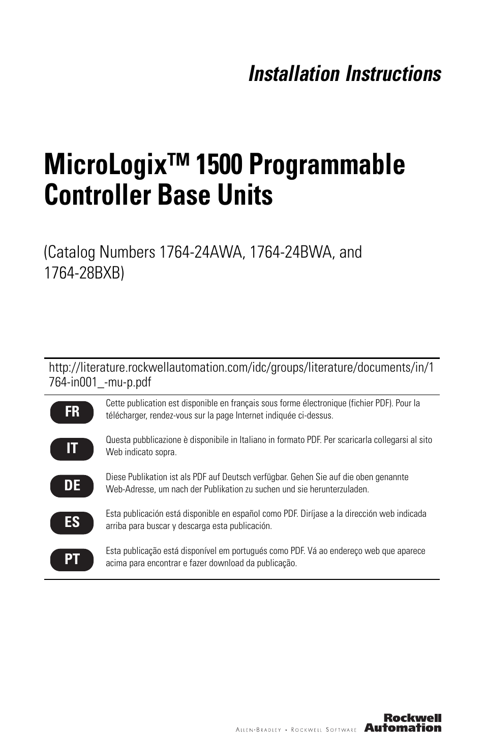 Rockwell Automation 1764-28BXB MicroLogix 1500 Programmable Controller Base Units User Manual | 27 pages