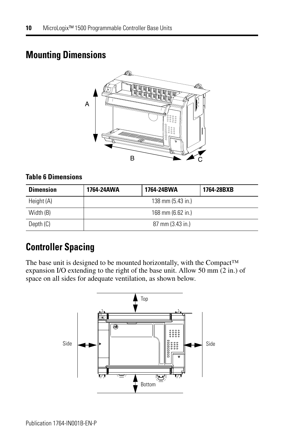 Mounting dimensions controller spacing | Rockwell Automation 1764-28BXB MicroLogix 1500 Programmable Controller Base Units User Manual | Page 10 / 27