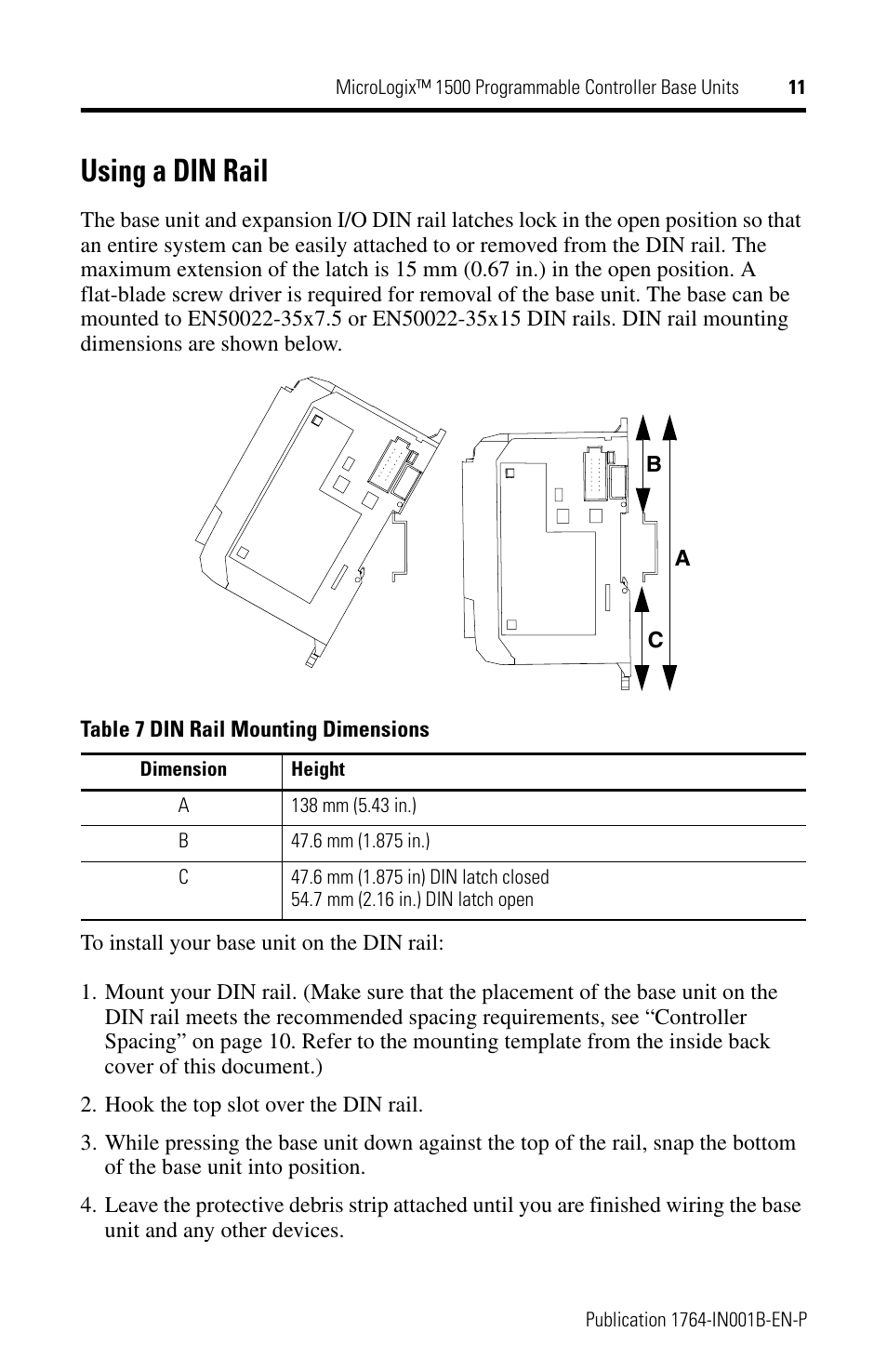 Using a din rail | Rockwell Automation 1764-28BXB MicroLogix 1500 Programmable Controller Base Units User Manual | Page 11 / 27