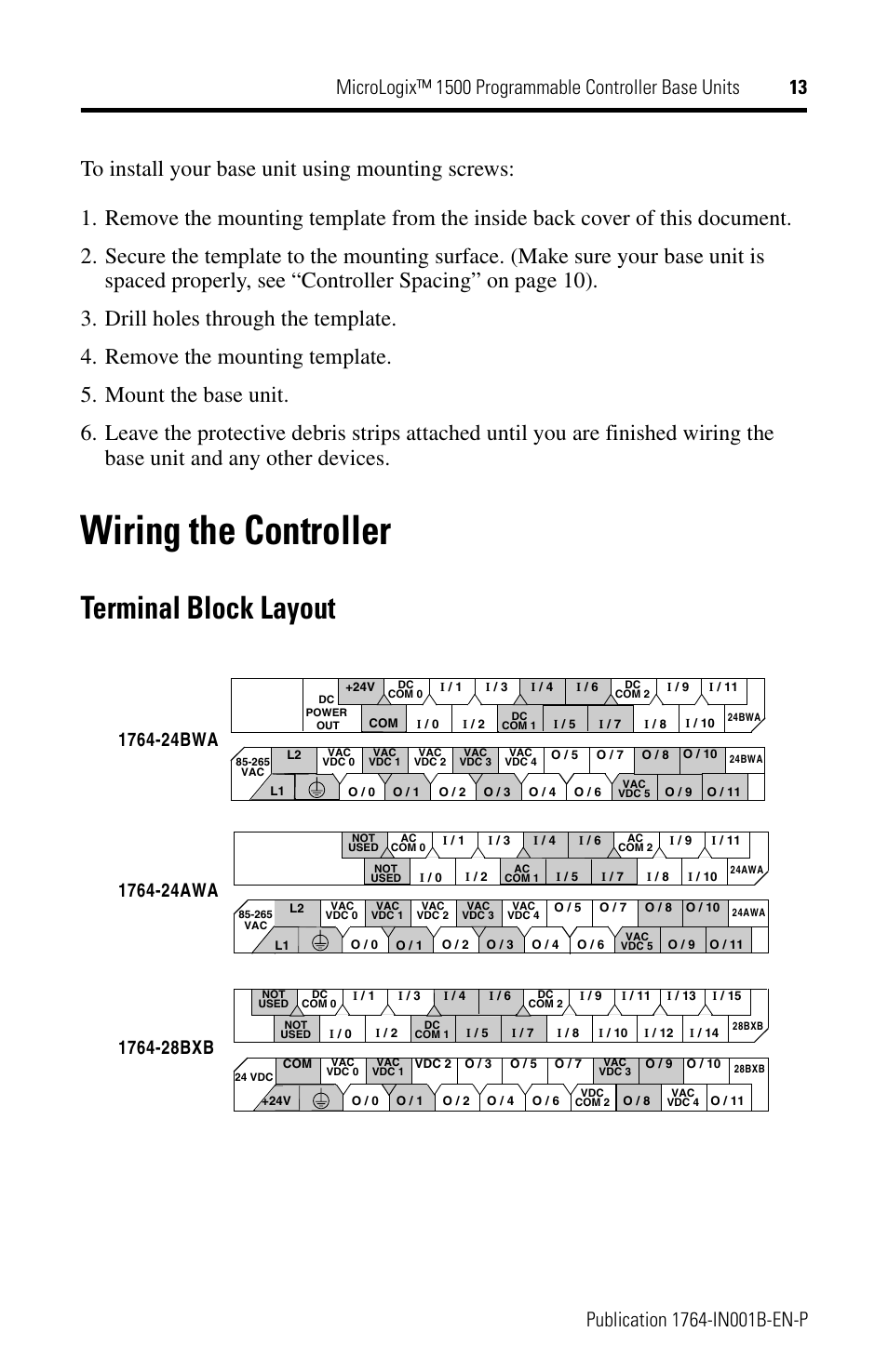Wiring the controller, Terminal block layout | Rockwell Automation 1764-28BXB MicroLogix 1500 Programmable Controller Base Units User Manual | Page 13 / 27