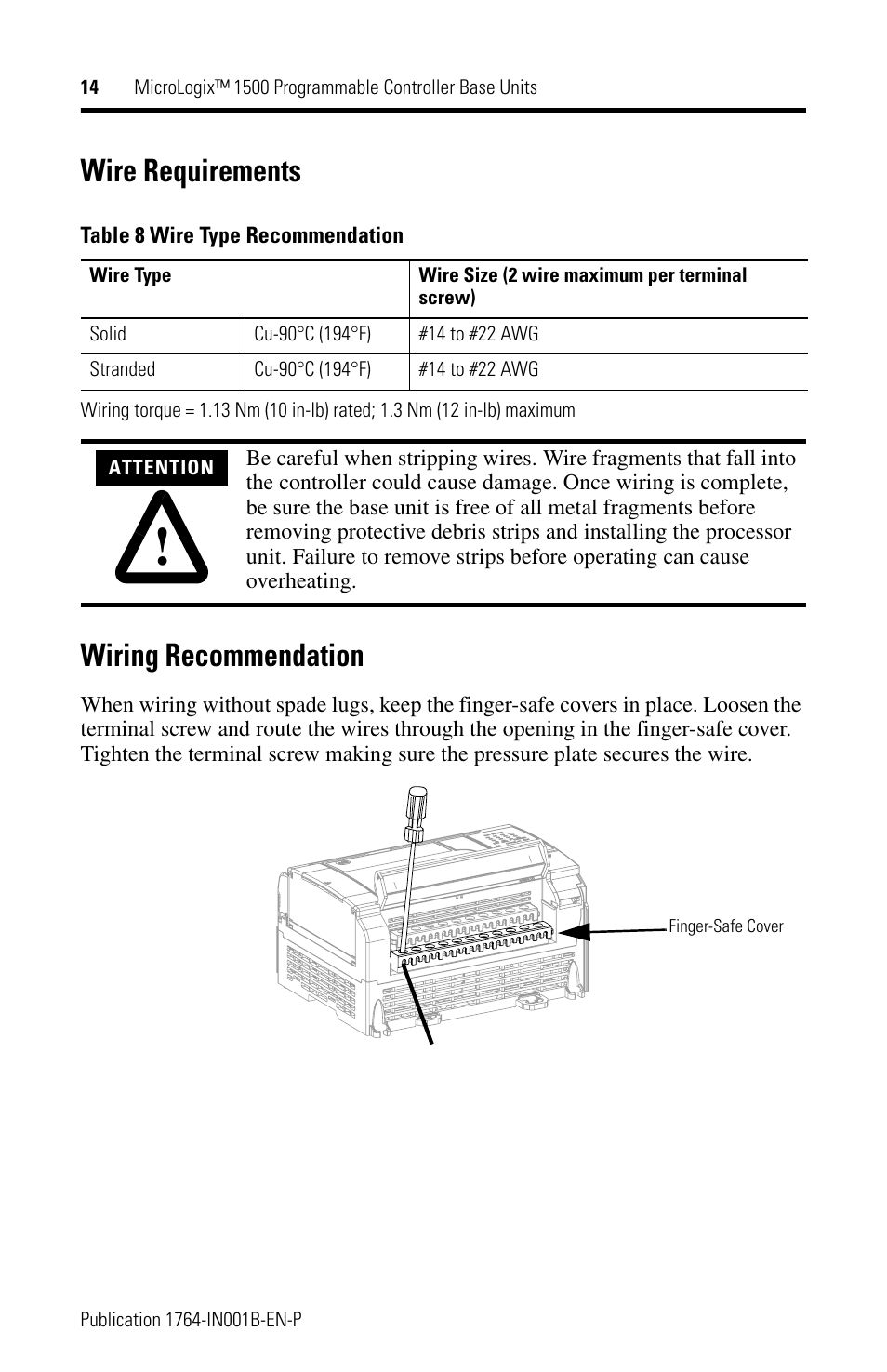 Wire requirements, Wiring recommendation | Rockwell Automation 1764-28BXB MicroLogix 1500 Programmable Controller Base Units User Manual | Page 14 / 27