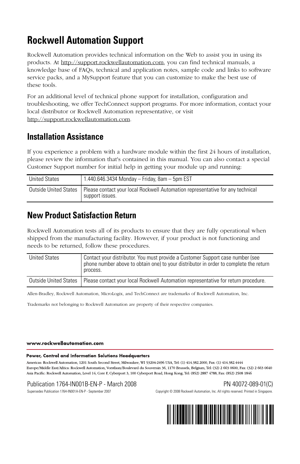 Back cover, Rockwell automation support, Installation assistance | New product satisfaction return | Rockwell Automation 1764-28BXB MicroLogix 1500 Programmable Controller Base Units User Manual | Page 27 / 27