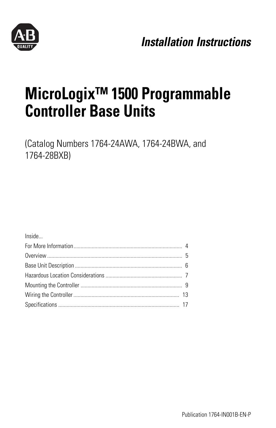 Installation instructions | Rockwell Automation 1764-28BXB MicroLogix 1500 Programmable Controller Base Units User Manual | Page 3 / 27