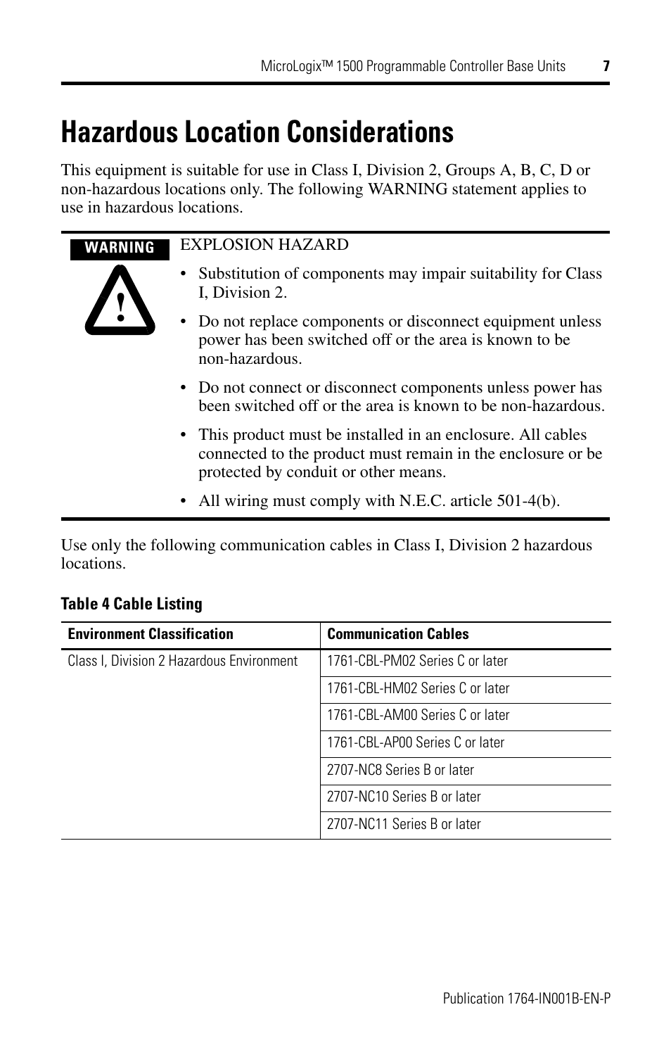 Hazardous location considerations | Rockwell Automation 1764-28BXB MicroLogix 1500 Programmable Controller Base Units User Manual | Page 7 / 27