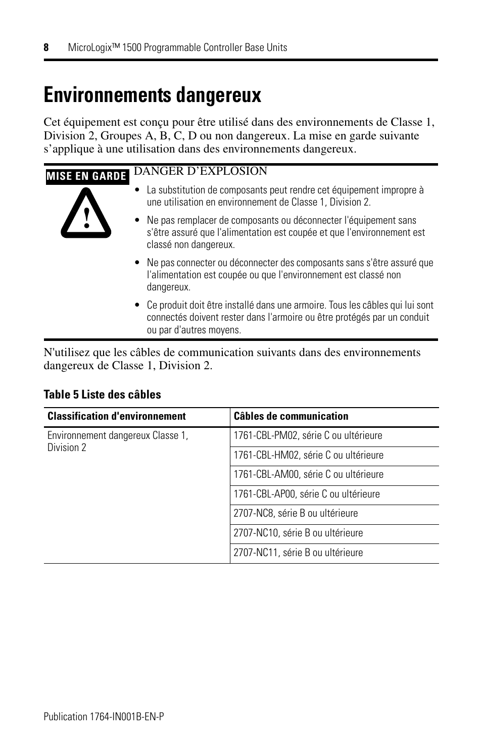 Environnements dangereux | Rockwell Automation 1764-28BXB MicroLogix 1500 Programmable Controller Base Units User Manual | Page 8 / 27