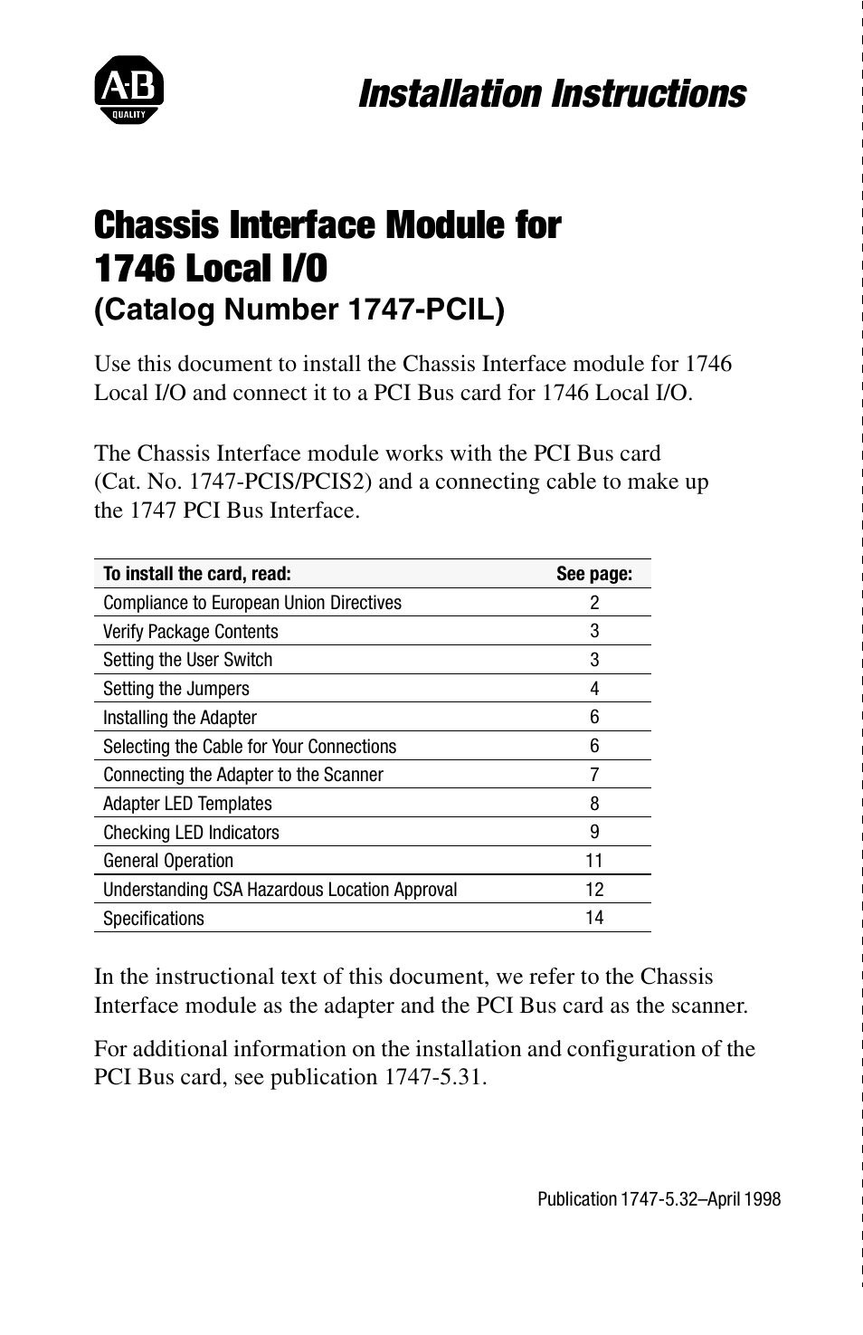 Rockwell Automation 1747-PCIL Chassis Interface Module for 1746 Local I/O User Manual | 16 pages