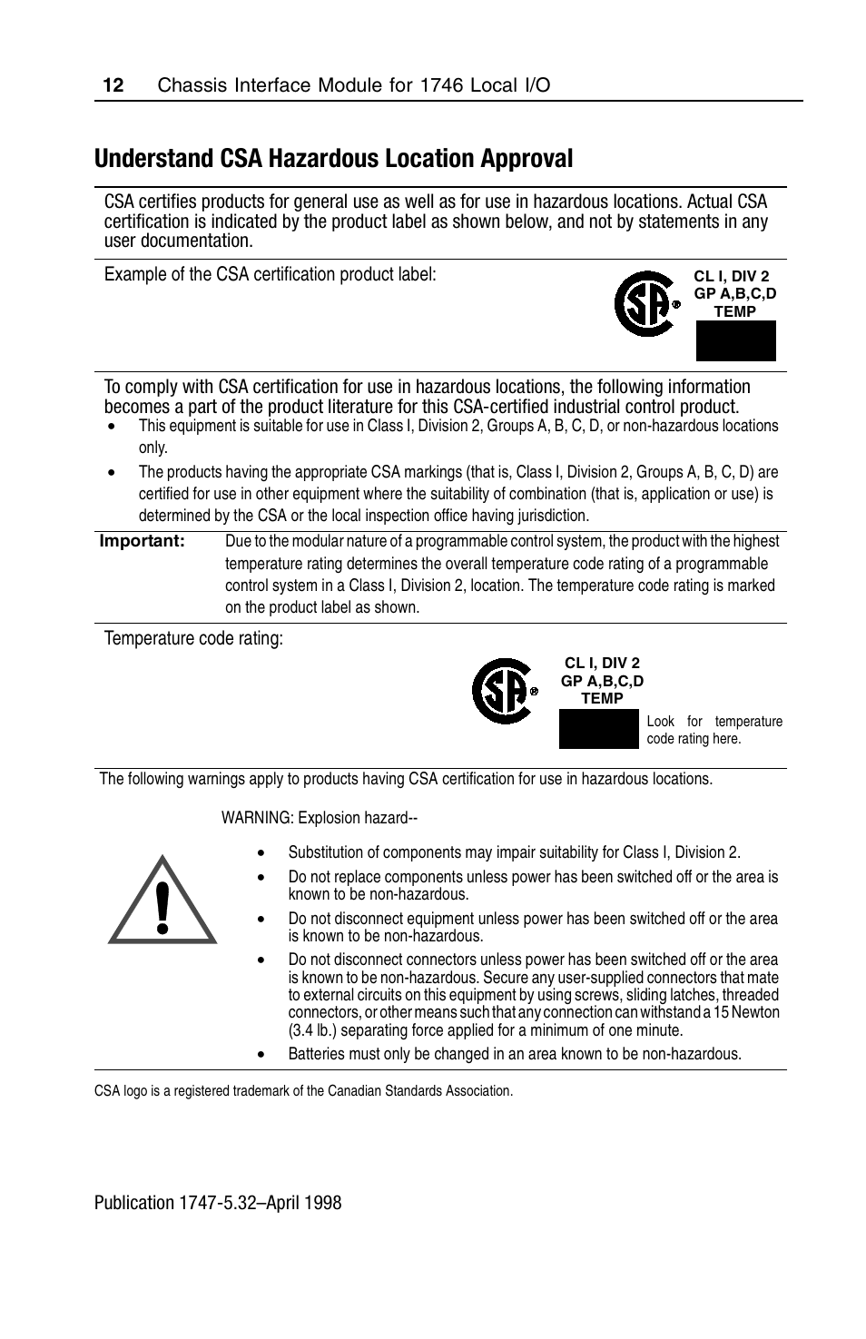 Understand csa hazardous location approval | Rockwell Automation 1747-PCIL Chassis Interface Module for 1746 Local I/O User Manual | Page 12 / 16