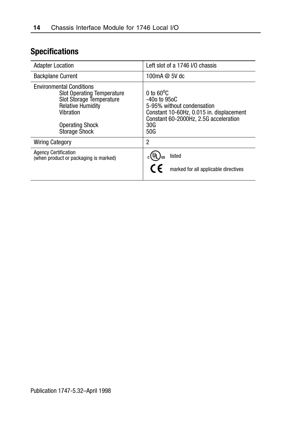 Specifications | Rockwell Automation 1747-PCIL Chassis Interface Module for 1746 Local I/O User Manual | Page 14 / 16