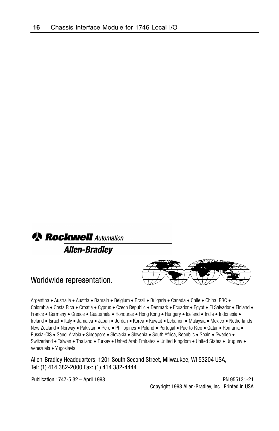 Worldwide representation | Rockwell Automation 1747-PCIL Chassis Interface Module for 1746 Local I/O User Manual | Page 16 / 16