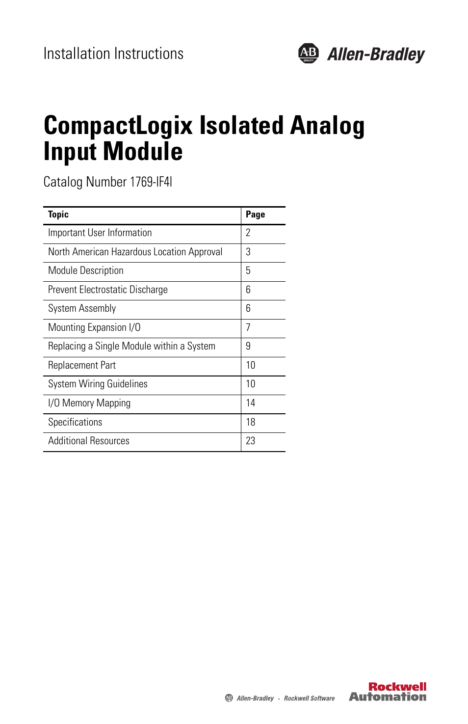 Rockwell Automation 1769-IF4I CompactLogix Isolated Analog Input Module User Manual | 24 pages