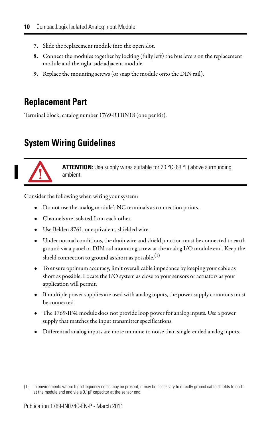 Replacement part, System wiring guidelines | Rockwell Automation 1769-IF4I CompactLogix Isolated Analog Input Module User Manual | Page 10 / 24