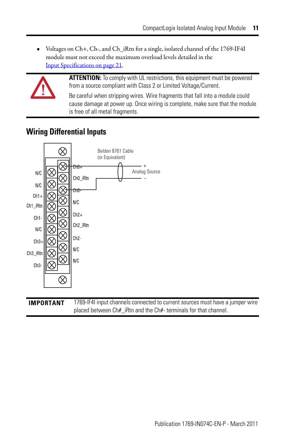 Wiring differential inputs | Rockwell Automation 1769-IF4I CompactLogix Isolated Analog Input Module User Manual | Page 11 / 24
