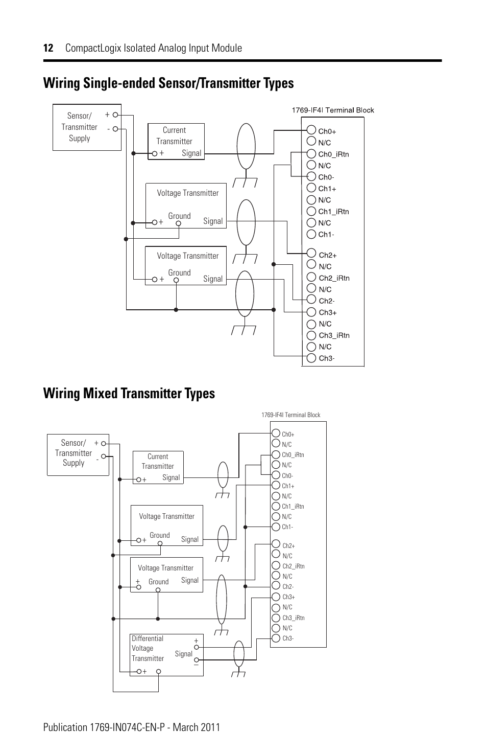 Wiring single-ended sensor/transmitter types, Wiring mixed transmitter types | Rockwell Automation 1769-IF4I CompactLogix Isolated Analog Input Module User Manual | Page 12 / 24