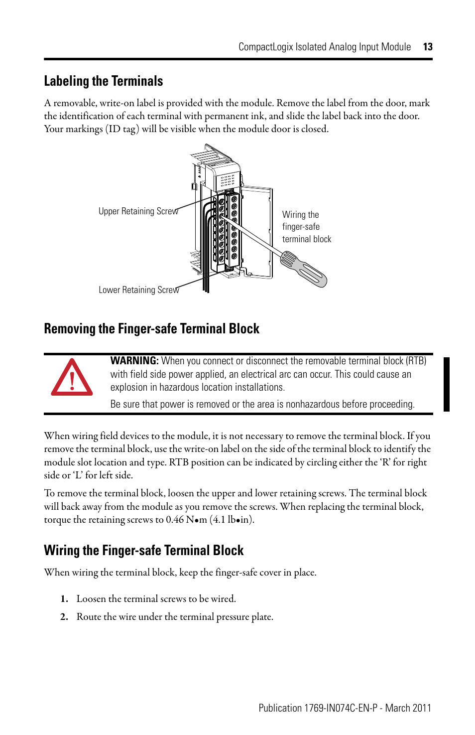 Labeling the terminals, Removing the finger-safe terminal block, Wiring the finger-safe terminal block | Rockwell Automation 1769-IF4I CompactLogix Isolated Analog Input Module User Manual | Page 13 / 24