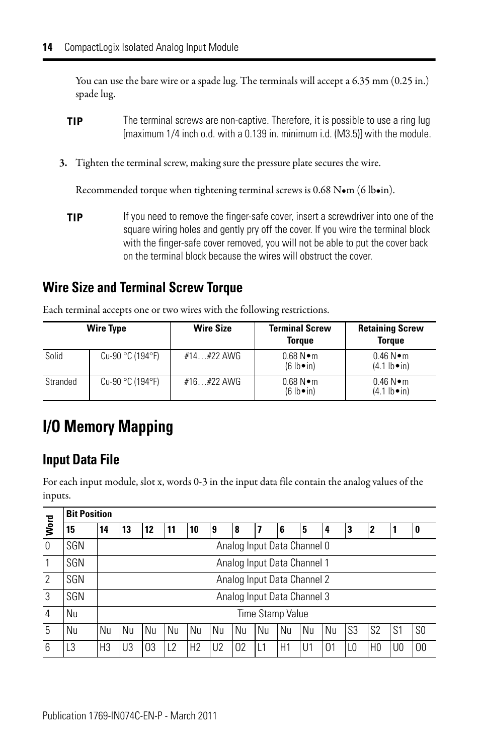 Wire size and terminal screw torque, I/o memory mapping, Input data file | Rockwell Automation 1769-IF4I CompactLogix Isolated Analog Input Module User Manual | Page 14 / 24