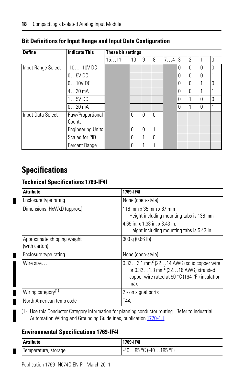 Specifications | Rockwell Automation 1769-IF4I CompactLogix Isolated Analog Input Module User Manual | Page 18 / 24
