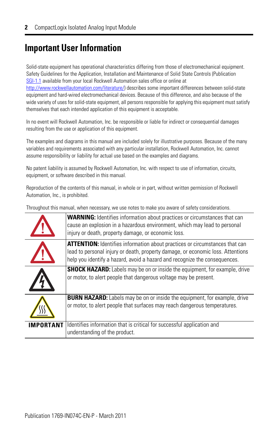 Important user information | Rockwell Automation 1769-IF4I CompactLogix Isolated Analog Input Module User Manual | Page 2 / 24
