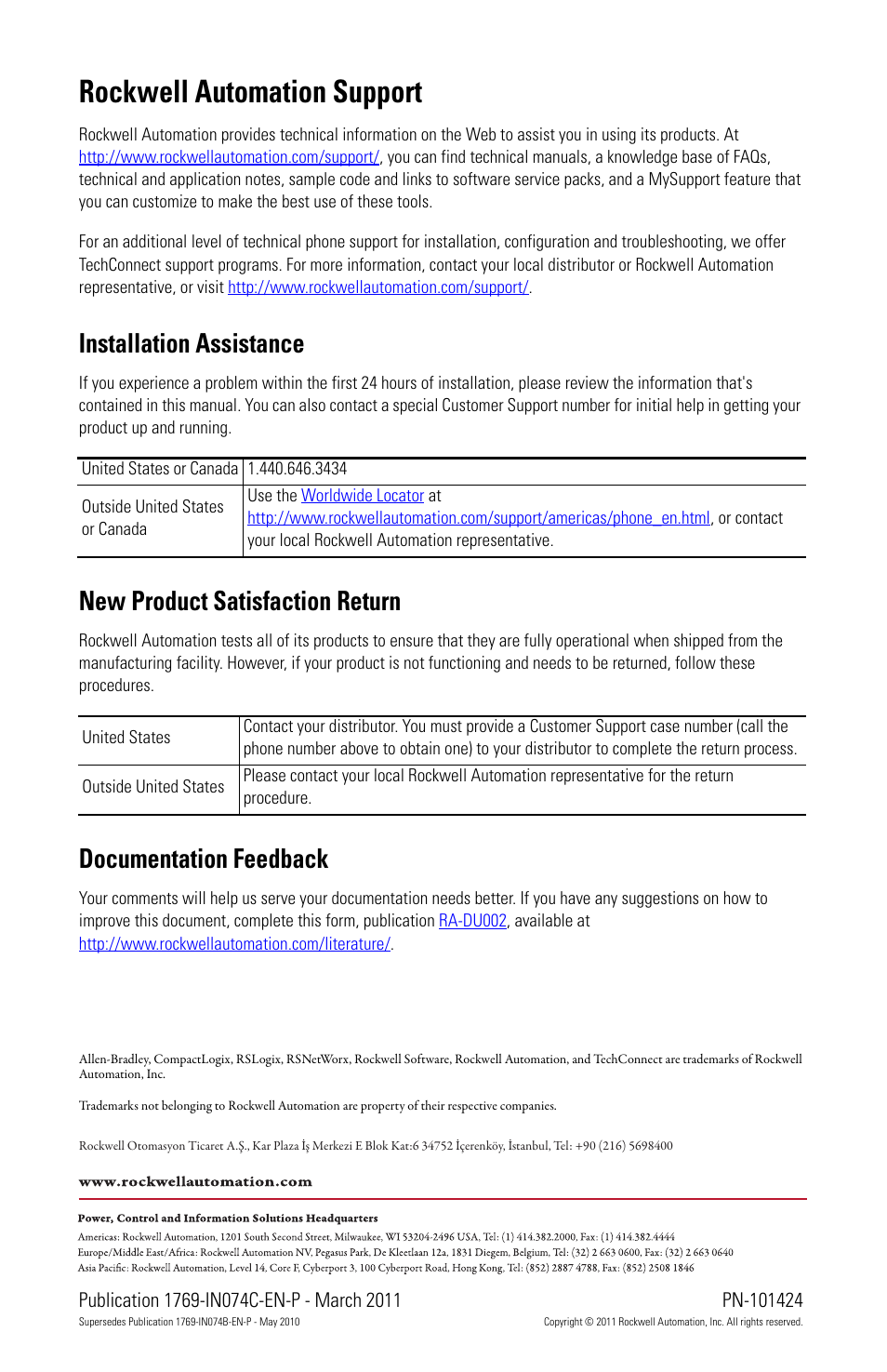 Back cover, Rockwell automation support, Installation assistance | New product satisfaction return, Documentation feedback | Rockwell Automation 1769-IF4I CompactLogix Isolated Analog Input Module User Manual | Page 24 / 24