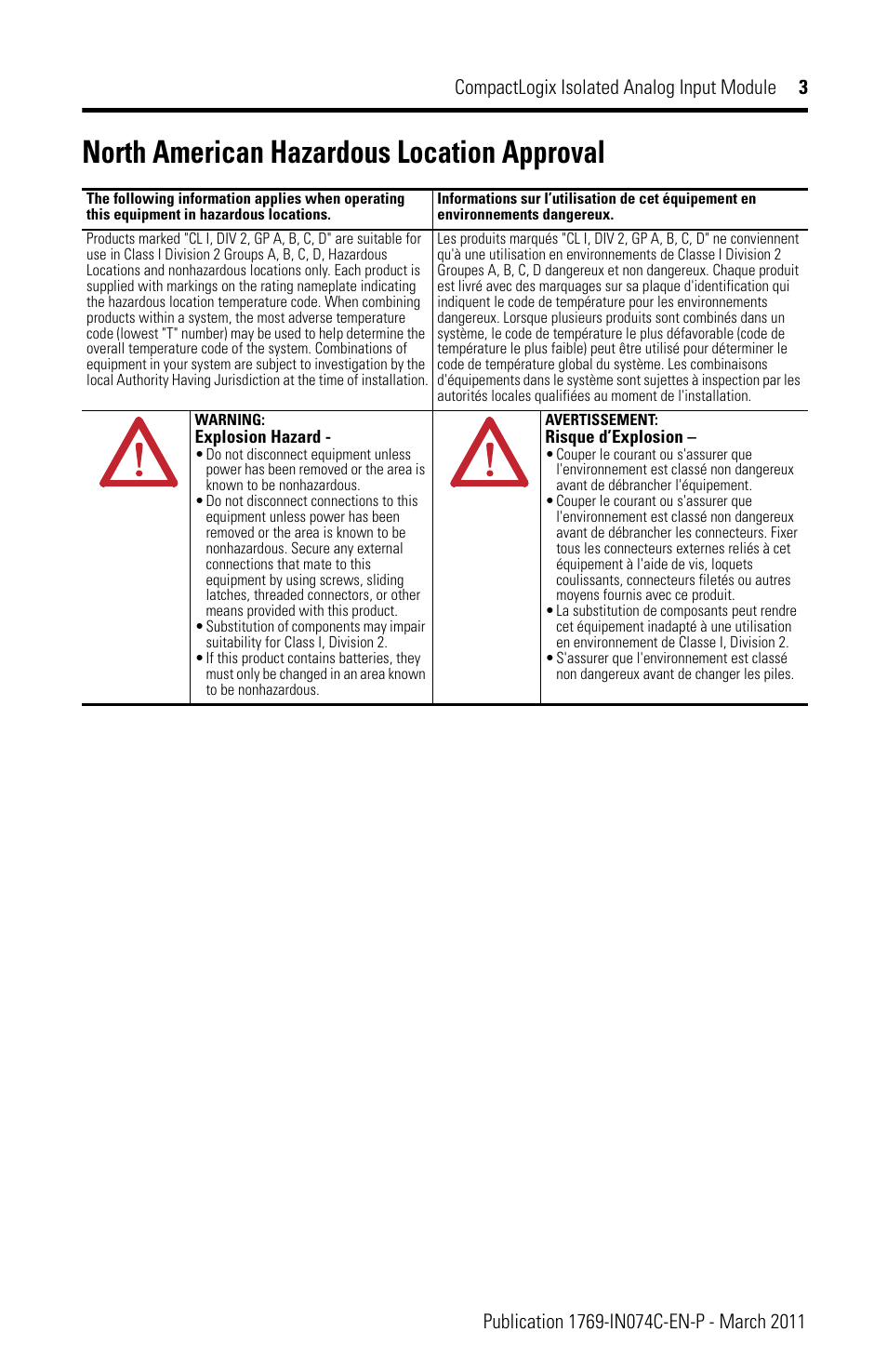 North american hazardous location approval | Rockwell Automation 1769-IF4I CompactLogix Isolated Analog Input Module User Manual | Page 3 / 24
