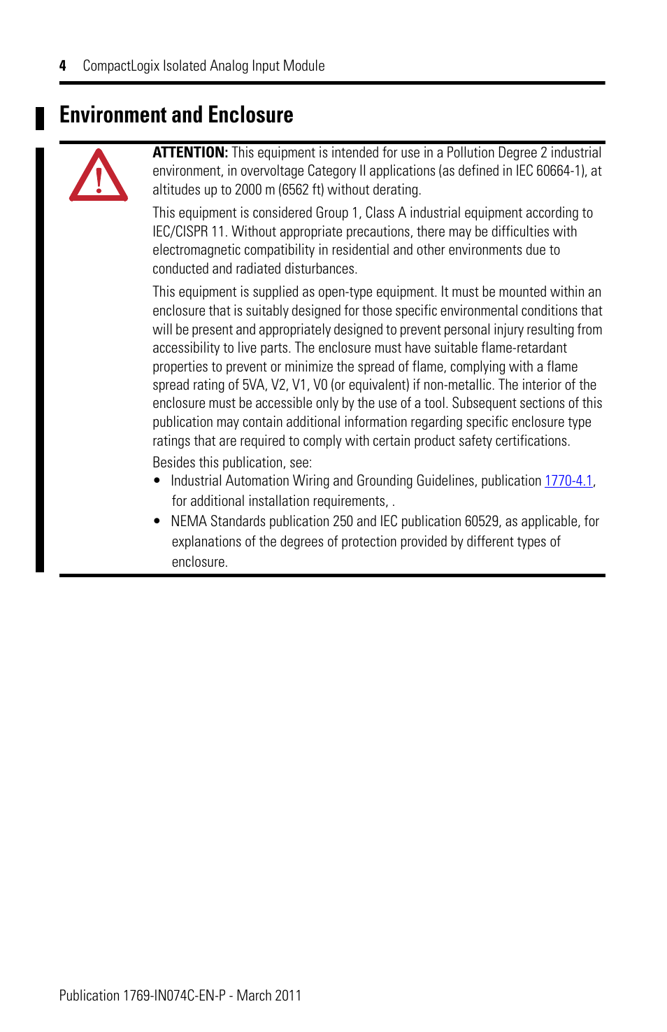 Environment and enclosure | Rockwell Automation 1769-IF4I CompactLogix Isolated Analog Input Module User Manual | Page 4 / 24