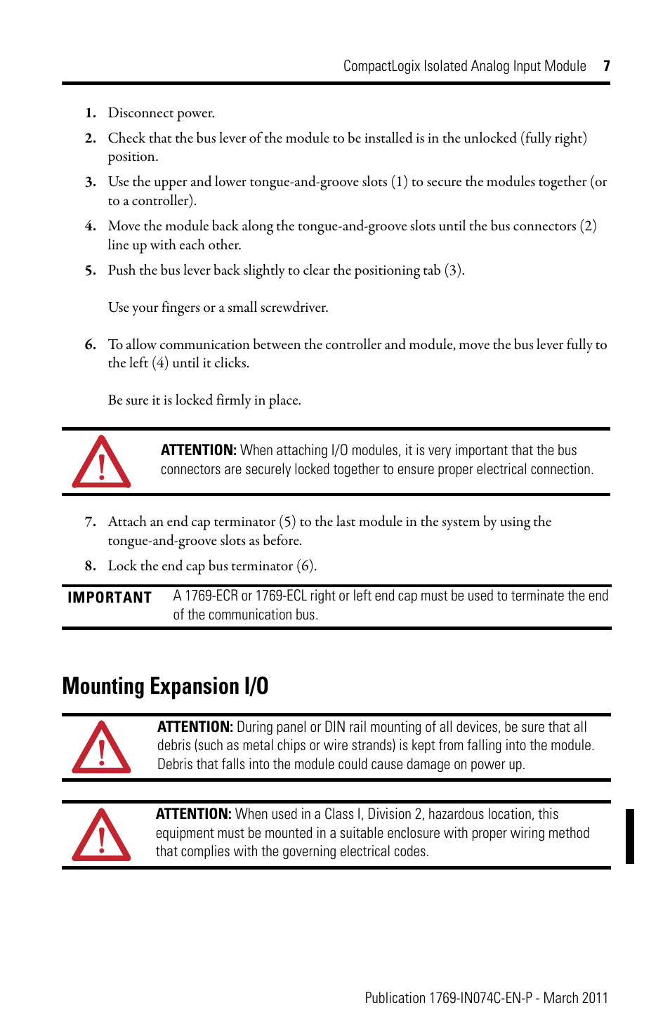 Mounting expansion i/o | Rockwell Automation 1769-IF4I CompactLogix Isolated Analog Input Module User Manual | Page 7 / 24