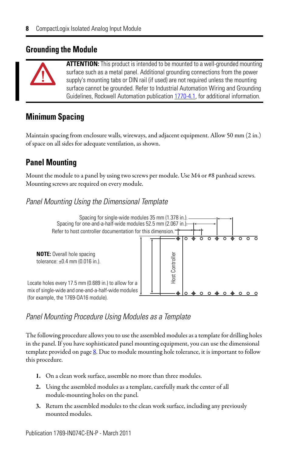 Grounding the module, Minimum spacing, Panel mounting | Grounding the module minimum spacing | Rockwell Automation 1769-IF4I CompactLogix Isolated Analog Input Module User Manual | Page 8 / 24