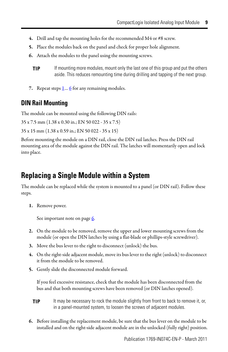 Din rail mounting, Replacing a single module within a system, Din rail mounting on | Replacing a single module within a | Rockwell Automation 1769-IF4I CompactLogix Isolated Analog Input Module User Manual | Page 9 / 24