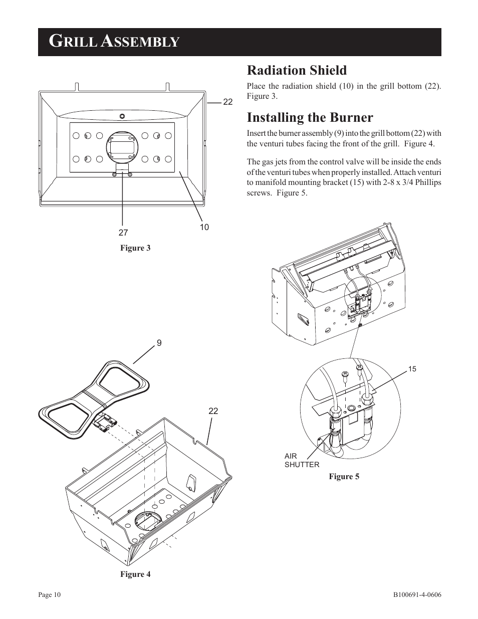 Rill, Ssembly radiation shield, Installing the burner | Broilmaster D3-1 User Manual | Page 10 / 24